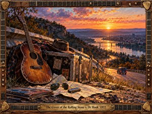 A weathered acoustic guitar, vintage road case, scattered maps, and sunglasses overlook a winding highway and distant riverside city at sunset. Rich orange, purple, and golden hues illuminate this nostalgic, detailed oil painting. A decorative guitar-inspired wooden frame with brass accents and an engraved title plate completes the composition.