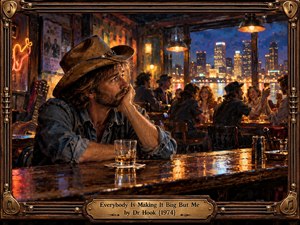 A weary cowboy sits alone at a polished wooden bar, gazing wistfully toward a lively crowd celebrating beneath glowing city lights. Rich amber, copper, and midnight blue tones create a bittersweet atmosphere. Expressive oil brushwork captures nostalgic 1970s charm, while an ornate musical frame and engraved brass title plate complete the composition.
