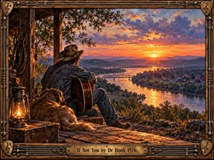 A weathered cowboy sits with his guitar and loyal dog on a rustic porch, overlooking a winding river at sunset. Golden reflections illuminate distant hills, a bridge, and a quiet town beneath violet clouds. Rich painterly textures, a glowing lantern, and an ornate wooden musical frame evoke warmth, devotion, and nostalgia.