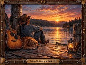 A solitary cowboy rests beside his golden dog and weathered guitar on a wooden lakeside dock. Fiery orange and violet sunset clouds illuminate shimmering water, distant cabins, and forested hills. A glowing lantern adds warmth to the nostalgic oil painting, enclosed in an ornate guitar-inspired wooden frame with an engraved brass title plate.
