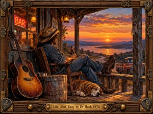 A weary cowboy rests on a rustic bar porch beside a weathered guitar and sleeping dog, overlooking a winding road and glowing sunset. Rich amber, crimson, and blue oil-painted textures evoke hardship, solitude, and quiet resilience. An ornate guitar-inspired wooden frame surrounds the nostalgic scene, with an engraved brass title plate.