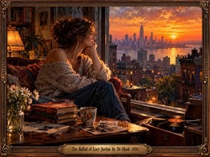 A contemplative woman gazes across a glowing city skyline at sunset from her warmly furnished apartment. Rich orange, gold, and violet tones contrast with intimate shadows, creating a wistful atmosphere. Expressive oil brushwork captures vintage furnishings, scattered photographs, flowers, and a record player, enclosed within an ornate musical frame.