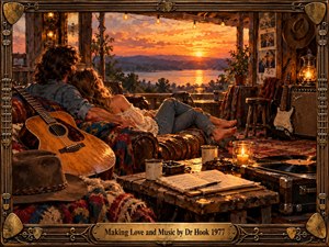 A couple embraces on a rustic cabin sofa overlooking a glowing lakeside sunset. Warm amber light illuminates guitars, vintage records, candles, and scattered sheet music. Rich earth tones and expressive oil brushwork evoke 1970s romance and musical nostalgia. An ornate wooden frame with brass guitar accents completes the intimate scene.