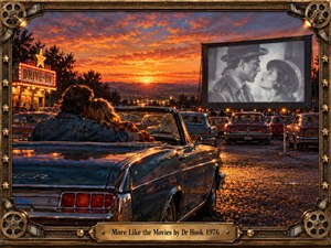 A nostalgic oil painting captures a couple embracing in a vintage convertible at a 1970s drive-in theater. A black-and-white romance illuminates the screen beneath a fiery orange and purple sunset. Glowing neon, reflective gravel, and parked cars create cinematic warmth. An ornate bronze film-reel frame completes the romantic scene.