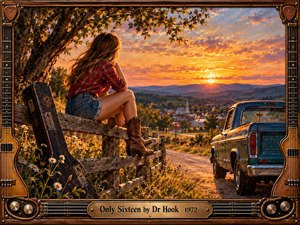A nostalgic oil painting depicts a young woman perched on a rustic fence, overlooking a small town at sunset. A weathered guitar case and vintage pickup evoke youthful romance and reflection. Golden light bathes rolling hills beneath colorful clouds, while an ornate guitar-inspired wooden frame and engraved brass title plate complete the composition.
