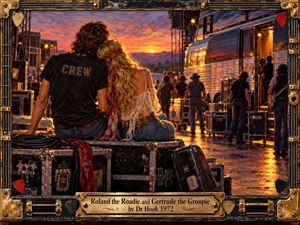 A roadie and his companion share a tender moment backstage beside a glowing tour bus at sunset. Rich amber, violet, and copper tones illuminate equipment cases, cables, and passing musicians. Detailed painterly textures evoke 1970s rock nostalgia, while an ornate brass and black metal frame celebrates their quiet romance.