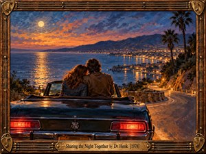 A couple embraces in a vintage convertible overlooking a moonlit coastal bay, glowing town lights, and winding shoreline road. Rich orange, violet, and deep blue brushstrokes create a romantic 1970s atmosphere. Warm reflections shimmer across the water, while an ornate bronze guitar-string frame and engraved title plate complete the nostalgic oil painting.