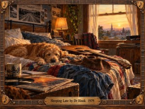 A shaggy golden dog sleeps peacefully on a colorful quilt beside an acoustic guitar in a rustic bedroom. Warm golden sunlight streams through lace curtains, illuminating vintage records, a cowboy hat, and weathered furniture. Rich painterly textures create nostalgic tranquility, while an ornate musical frame and engraved brass title plate complete the composition.