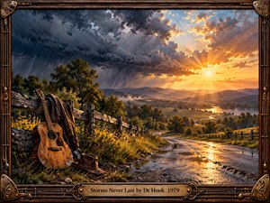 A richly textured oil painting captures a country road glistening beneath clearing storm clouds and radiant golden sunlight. A weathered acoustic guitar, coat, and hat rest beside a rustic fence amid wildflowers. Rolling hills and distant water glow with renewed hope, framed by ornate bronze musical detailing.
