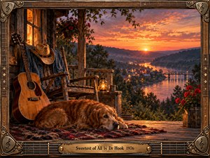 A golden retriever rests beside an acoustic guitar and rustic rocking chair on a weathered porch overlooking a peaceful riverside town at sunset. Warm amber lantern light complements glowing orange and violet skies. Rich oil painting textures evoke tenderness and nostalgia, enclosed within an ornate guitar-inspired wooden and bronze frame.