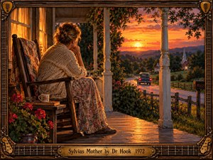 A woman sits thoughtfully on a rustic porch, watching a car disappear along a winding country road beneath a glowing orange sunset. Warm golden light, flowering plants, distant hills, and a church steeple evoke bittersweet farewell. Rich oil painting textures complement an ornate guitar-inspired wooden frame and engraved brass title plate.