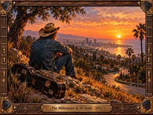 A lone musician in denim and a weathered cowboy hat overlooks a glowing coastal city at sunset, his guitar case resting beside him. Golden light washes across winding roads, palm trees, and distant mountains. Rich oil painting textures evoke quiet reflection and possibility, framed by ornate wood, brass, and musical details.