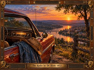 A nostalgic oil painting captures a vintage red car overlooking a winding river and distant town at sunset. A glowing dashboard radio, denim jacket, and cowboy hat evoke carefree memories. Golden light washes across rolling hills beneath dramatic clouds. An ornate wooden and brass musical frame completes the warm, reflective scene.