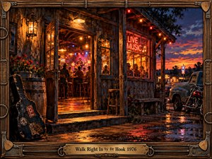 A rustic roadside music hall glows with amber lamplight beneath a vivid purple and orange sunset. Musicians entertain a lively crowd inside, while wet pavement reflects colorful neon lights. A weathered guitar case, vintage truck, and motorcycle evoke nostalgic Americana. An ornate wooden frame features brass accents and an engraved title plate.