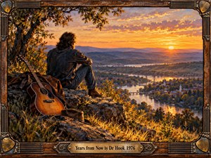 A solitary musician overlooks a winding river valley at sunset, surrounded by golden autumn foliage and distant mountains. His acoustic guitar rests nearby as warm amber light illuminates the peaceful landscape. Rich oil painting textures evoke nostalgia, reflection, and enduring love, enclosed within an ornate wooden frame with brass musical accents.