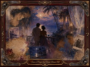 A moonlit seaside romance unfolds through a nostalgic mixed-media collage, blending silhouetted lovers, faded portraits, handwritten letters, palm trees, and a glowing terrace. Deep indigo, mauve, amber, and dusty rose create a tender, wistful mood. Painterly textures, soft watercolor washes, and an ornate rosewood-and-gold musical frame enhance the dreamlike atmosphere.