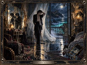 A solitary figure stands in a decaying moonlit room overlooking a turbulent sea, surrounded by cracked mirrors, scattered pearls, wilted roses, and windblown curtains. Deep blacks, tarnished gold, icy blue, and turquoise create a sensual, melancholic mood. Dramatic reflections, weathered textures, and ornate framing give the scene a richly cinematic, romantic-gothic character.