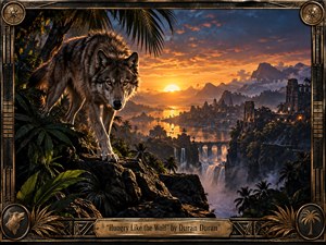A prowling wolf dominates a rocky tropical overlook above a misty, ancient city at sunset. Golden light spills across rivers, bridges, waterfalls, and distant mountains beneath dramatic blue-orange skies. Lush palms frame the scene, while an ornate bronze border and engraved title plate enhance the adventurous, cinematic, handcrafted 1980s-inspired atmosphere.