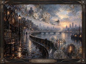 A rain-soaked riverside city curves toward a glowing dawn, where a solitary figure walks beneath warm streetlamps. Translucent memory bubbles reveal flowers, clocks, shoreline, headlights, and illuminated windows. Cool blues, charcoal, and muted gold create a reflective melancholy, enriched by textured mixed-media surfaces and an elegant dark metallic frame.