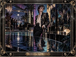 A glamorous figure stands beside a reflective indoor pool in a decadent 1980s nightclub, surrounded by mirrored walls, palm trees, piano, cocktails, and distant city lights. Electric blues, violet, gold, and black create a sleek, restless mood, while fragmented reflections, glossy surfaces, and dramatic lighting suggest tension, self-image, and nocturnal sophistication.