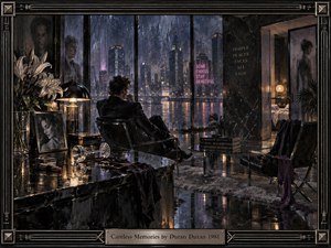 A solitary man sits in a sleek, rain-darkened apartment overlooking a neon city, surrounded by fractured reflections, wilted lilies, an overturned glass, and a haunting portrait. Cool blues, blacks, and violet highlights contrast with warm lamps, creating a tense, melancholy atmosphere rendered in richly textured, cinematic oil-painting detail.