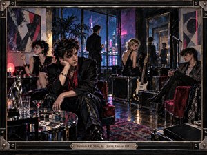 A stylish group lounges in a shadowy 1980s penthouse overlooking a rain-slicked neon city, their distant poses suggesting tension beneath friendship. Deep blacks, crimson upholstery, electric blue and magenta reflections create a nocturnal mood. Painterly textures, mirrored figures, scattered drinks, instruments, and dramatic lighting evoke decadent new-wave melancholy.