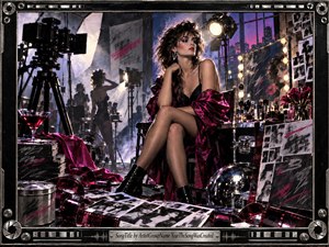 A glamorous woman sits poised in a chaotic 1980s film studio dressing room, surrounded by cameras, lights, mirrors, scattered photographs, curling film strips, and reflective equipment. Deep magenta, black, silver, and violet tones create a seductive, restless mood, while dramatic spotlights and glossy textures evoke stylish cinematic excess.