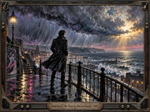 A solitary figure in a black coat overlooks a storm-lashed coastal harbor from a rain-slicked terrace. Dark violet clouds collide with golden sunset light, while rough seas, glowing windows, and reflected neon create tense contrasts. Painterly brushwork, wrought-metal railings, weathered architecture, and an ornate musical frame deepen the dramatic atmosphere.