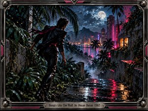 A lone figure moves through a rain-soaked tropical hillside toward a glowing coastal city, creating a tense, predatory sense of pursuit. Moonlight, mist, deep jungle greens, electric pink neon, and wet reflections shape the dramatic scene. Metallic framing, watchful animal eyes, and cinematic digital realism intensify the nocturnal atmosphere.
