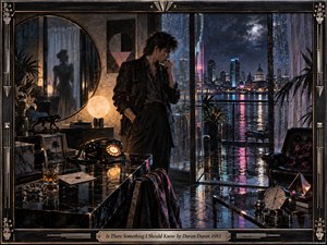 A solitary man stands beside a glowing telephone in a rain-soaked, stylish 1980s apartment overlooking a neon city skyline. Deep blues, black lacquer, amber lamplight, and magenta reflections create a tense, introspective mood. Painterly textures, mirrored surfaces, stormy windows, geometric decor, and the shadowy figure beyond suggest secrecy, doubt, and unanswered questions.