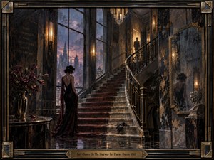 A solitary woman in a dark evening gown stands beside a sweeping marble staircase in an opulent Art Deco interior, watching a distant figure disappear into warm light. Rain-streaked windows reveal a violet city skyline, while bronze details, crimson carpet, mirrors, lilies, and amber lamps create a glamorous, tense, melancholic atmosphere.