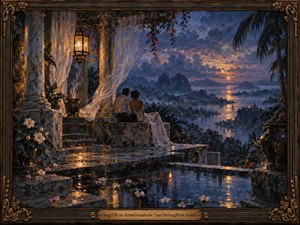 A romantic couple sits on a rain-slicked marble terrace overlooking a tropical bay at sunset. Deep blues, violet clouds, and warm gold reflections create a wistful, intimate mood. Flowing curtains, lantern light, flowers, distant islands, and ornate carved framing give the richly textured painting a dreamlike, cinematic elegance.