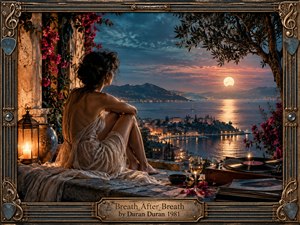 A solitary woman rests on a moonlit Mediterranean terrace overlooking a glowing coastal city and tranquil bay. Warm lantern light contrasts with deep blue twilight, while bougainvillea, olive branches, a record player, and wine create intimate nostalgia. Ornate metallic framing and textured realism give the scene a romantic, handcrafted cinematic quality.