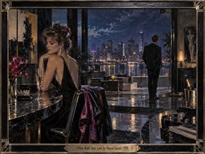 A glamorous woman in a black evening dress sits beside a polished bar while a distant man faces a rain-slicked city skyline. Moody blues, black, gold, and magenta reflections create romantic tension. Painterly textures, champagne glasses, lilies, glossy marble, and a dark metallic frame evoke elegant late-1980s sophistication and emotional separation.