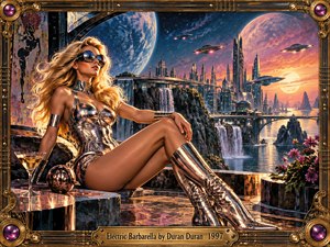 A glamorous silver-clad woman lounges above a futuristic city of soaring towers, waterfalls, bridges, and hovering spacecraft beneath enormous planets and a glowing sunset. Rich gold, magenta, teal, and violet tones create a seductive retro-futurist mood, enhanced by reflective metal surfaces, dramatic lighting, flowers, and an ornate mechanical frame.