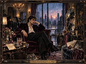 A solitary man lounges in a burgundy velvet chair inside a lavish, timeworn apartment overlooking a rain-soaked city at dawn. Warm chandelier light contrasts with cool blue windows, while cracked mirrors, fading roses, scattered photographs, and whiskey suggest glamour unraveling into melancholy. The richly textured scene blends cinematic realism with decadent romanticism.