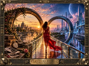 A woman in a flowing red dress crosses a gleaming bridge between a warm, historic city and a luminous futuristic skyline. Golden sunset light meets cool blue neon beneath a giant moon, creating a reflective, dreamlike mood. Ornate metallic framing, photographs, books, flowers, and clockwork details deepen the time-spanning symbolism.