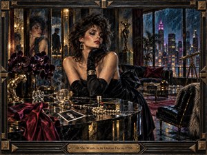 A glamorous woman in black evening wear lounges in a lavish 1980s penthouse, surrounded by mirrors, pearls, orchids, perfume, and polished marble. Rain streaks the windows beyond a neon city skyline. Gold, burgundy, and blue highlights create a seductive, restless mood, rendered with richly textured, cinematic realism.