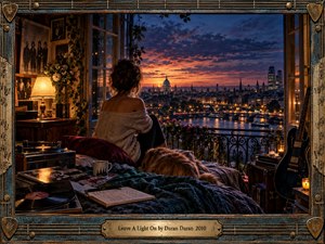 A contemplative woman and her resting dog overlook a glowing riverside city at twilight from a warm, music-filled room. Amber lamps and candles contrast with deep blue and violet skies, while records, a guitar, flowers, and handwritten pages enrich the scene. An ornate, weathered musical frame completes the cinematic, nostalgic composition.
