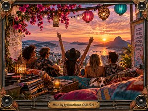 A joyful rooftop gathering overlooks a glowing coastal city at sunset, where friends relax among patterned cushions, lanterns, flowers, records, and musical instruments. Warm gold, coral, and turquoise tones create an uplifting mood, while cinematic lighting, rich handcrafted textures, and an ornate instrument-inspired frame give the scene festive depth and nostalgic energy.
