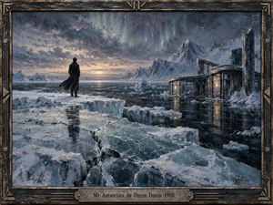 A solitary figure stands on fractured Antarctic ice facing a dim sunset, surrounded by jagged mountains, dark water, and a half-submerged modern structure. Cold blue-gray tones, faint auroral light, and warm window reflections create a haunting, introspective mood. Thick painterly textures and a weathered metal frame emphasize isolation, memory, and emotional distance.