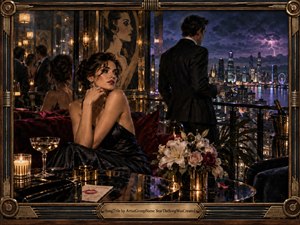 A glamorous woman in a black evening dress lounges beside a reflective table while a suited man overlooks a storm-lit city skyline from a luxurious rooftop interior. Deep burgundy, gold, black, and violet tones create sophisticated tension, with candlelight, champagne, flowers, mirrors, lightning, and an ornate metallic frame enhancing the cinematic, noir-inspired atmosphere.
