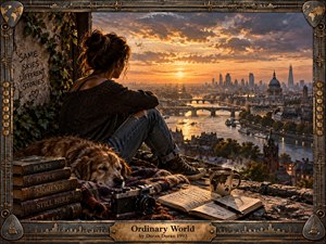 A solitary woman sits beside a sleeping dog on a weathered rooftop overlooking London at sunset. Warm amber light floods the river, bridges, and skyline beneath dramatic clouds, creating a reflective, bittersweet mood. Books, a camera, journal, mug, and blanket enrich the intimate painterly scene, framed with ornate musical metalwork.