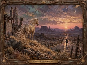 A pale horse overlooks a lonely desert highway winding toward distant mesas and a glowing sunset. A solitary figure walks the road beneath a crescent moon, while an abandoned motel and weathered fence suggest faded memories. Warm copper, violet, and dusty rose tones create a dreamlike, melancholic atmosphere within an ornate rustic frame.