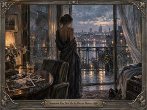 A solitary woman stands at an open balcony overlooking a rain-soaked city at dusk, her reflection ghosted in the glass. Cool blues and silvery grays contrast with warm lamplight, scattered photographs, lilies, and an amber drink. Painterly textures, wet reflections, and an ornate metallic frame create a wistful, intimate mood.