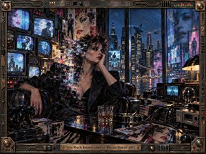 A solitary woman in black sits amid flickering televisions, tangled cables, magazines, and glowing electronics, her face dissolving into fragmented media imagery. Beyond the windows, a neon city pulses at night. Deep blues, magentas, amber light, reflective surfaces, and a mechanical frame create a tense, cyber-noir atmosphere of sensory overload.