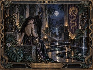 A mysterious moonlit palace surrounds two elegant figures amid tropical foliage, reflecting pools, stone statues, and serpentine pathways. Deep blues, black, bronze, and violet create a seductive, ominous mood, while torchlight glints across wet surfaces. The richly detailed, painterly scene blends 1980s glamour, exotic symbolism, and dark romantic tension.