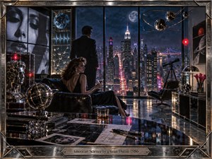 A glamorous couple inhabits a sleek retro-futurist penthouse overlooking a neon city at night. Midnight blues, chrome, magenta, and amber reflections create a cool, sophisticated tension. Scientific instruments, orbital forms, glowing screens, and technical papers suggest controlled curiosity, while polished surfaces and cinematic lighting reinforce the handcrafted 1980s neo-noir atmosphere.