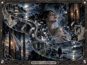 A luminous woman dissolves into moonlit water at the center of a dark, dreamlike coastal tableau, surrounded by drifting petals, mist, and fragile memories. Stormy blue-gray seas, glowing windows, and a lone shore figure create aching melancholy, while the ornate metal frame and engraved title plate give the mixed-media composition a handcrafted, gothic elegance.