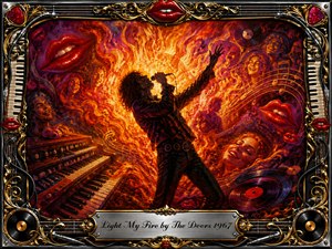 A dramatic rock singer rises against a blazing psychedelic firestorm, surrounded by swirling faces, musical notes, organ keys, guitar forms, and glowing vinyl records. Fiery orange, red, gold, purple, and black create an intense, sensual mood. Rich oil-paint textures and radiant lighting are enclosed by an ornate chrome-and-gold musical frame.